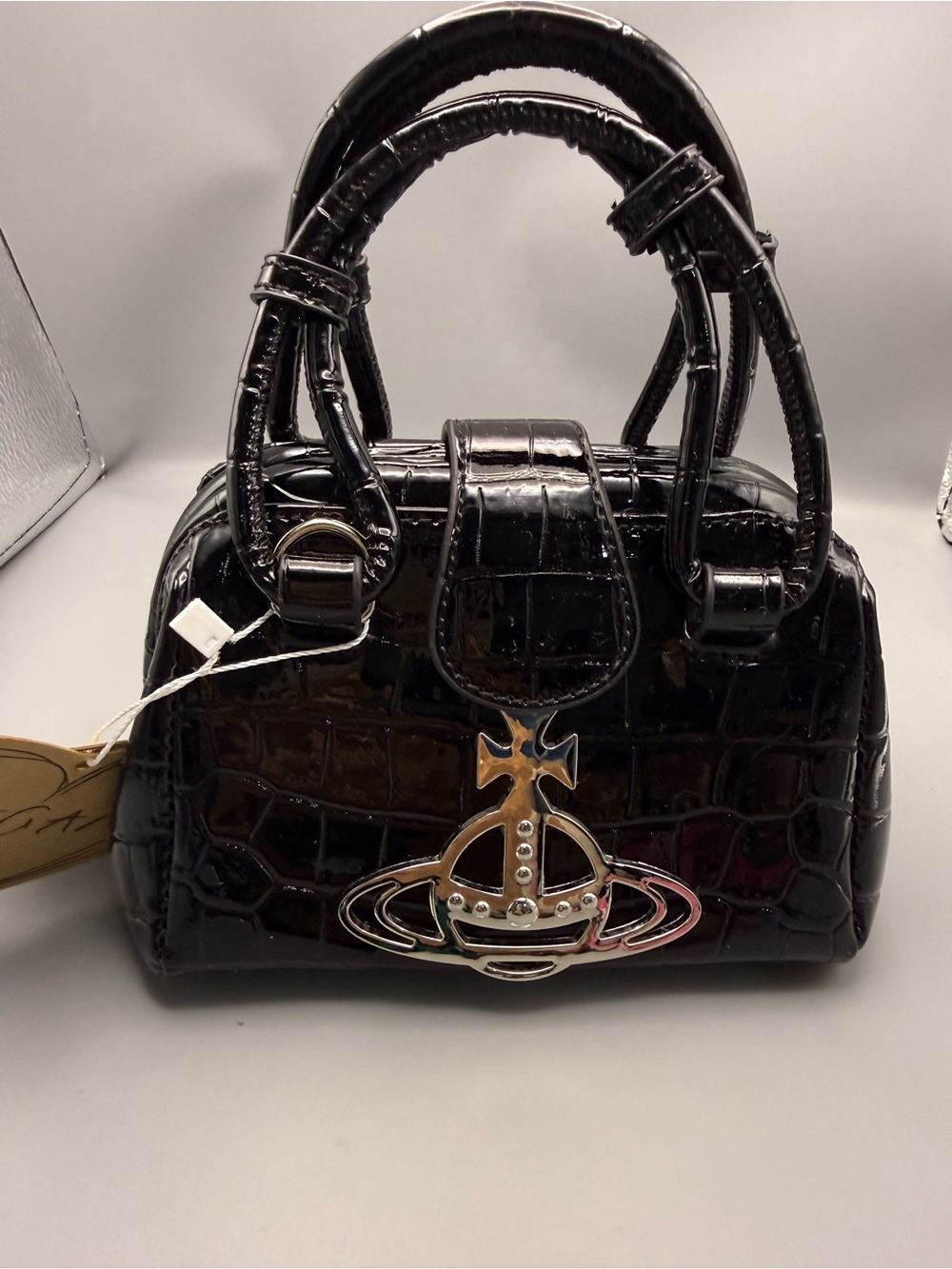 Vivienne Westwood Black Croc-Embossed Patent Mini Satchel with Orb Hardware